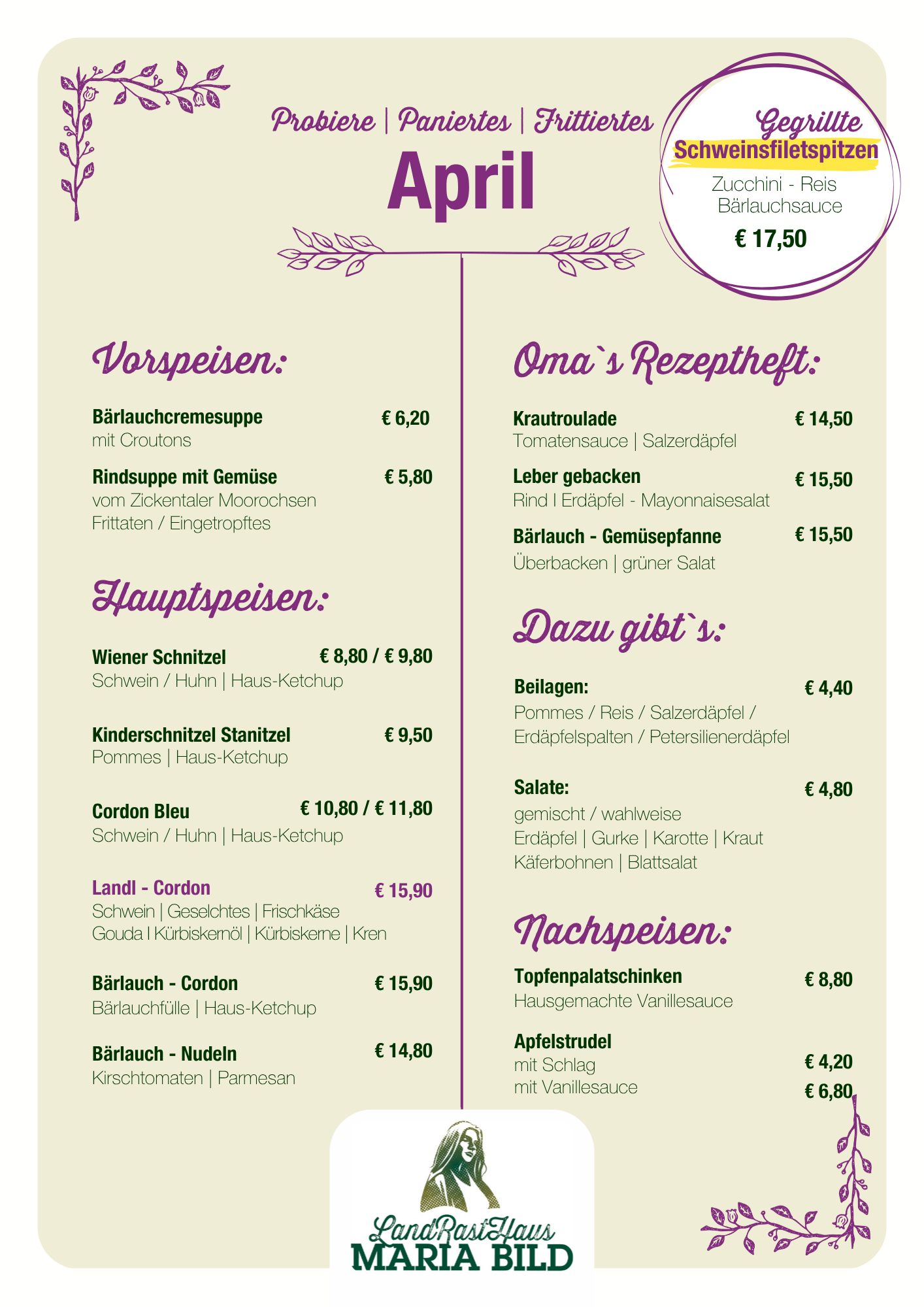 Speisekarte Landrasthaus SpeisekarteLandrasthausApril
