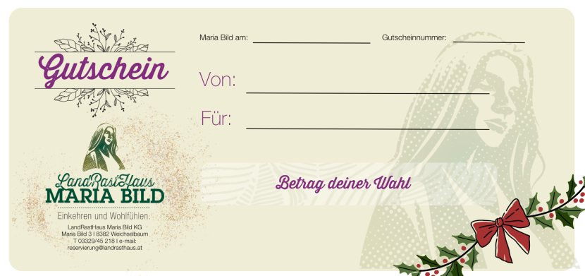 Wertgutschein des LandRastHaus Maria Bild auf einem gedeckten Tisch – regionale Geschenkidee im Südburgenland.